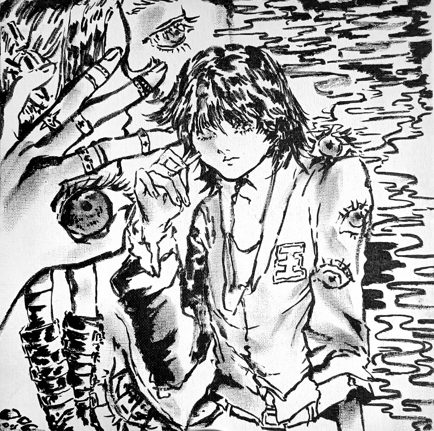 ROCK AND ROLL (2024) Brushpen on MDF board, 10 x 10 Inches